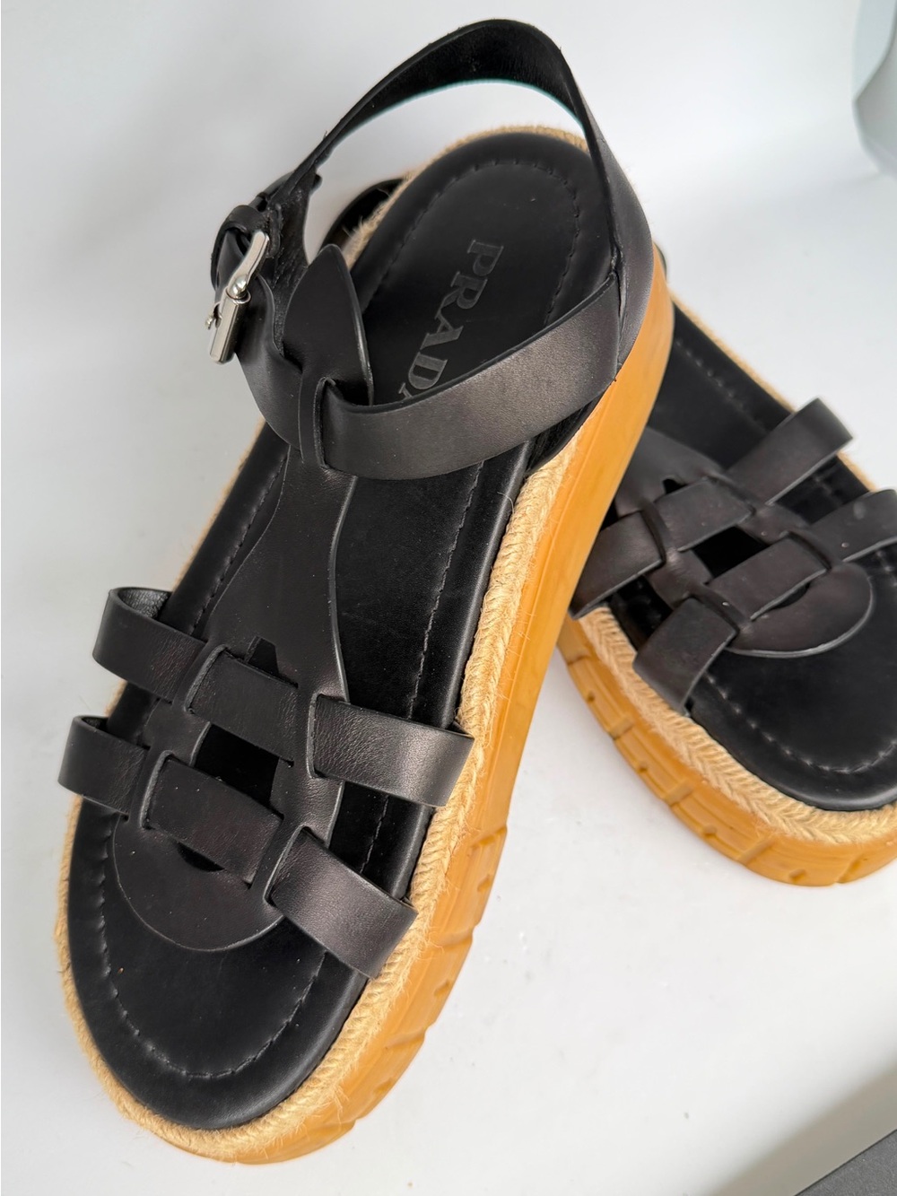 Prada Black Leather Platform Espadrille-Style Sandals